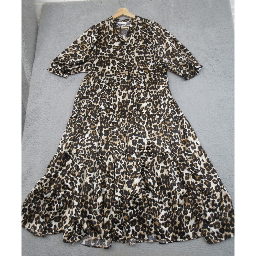 Karlie Leopard Print Tiered Maxi Dress Women M Brown Puff Sleeve Boho Coastal